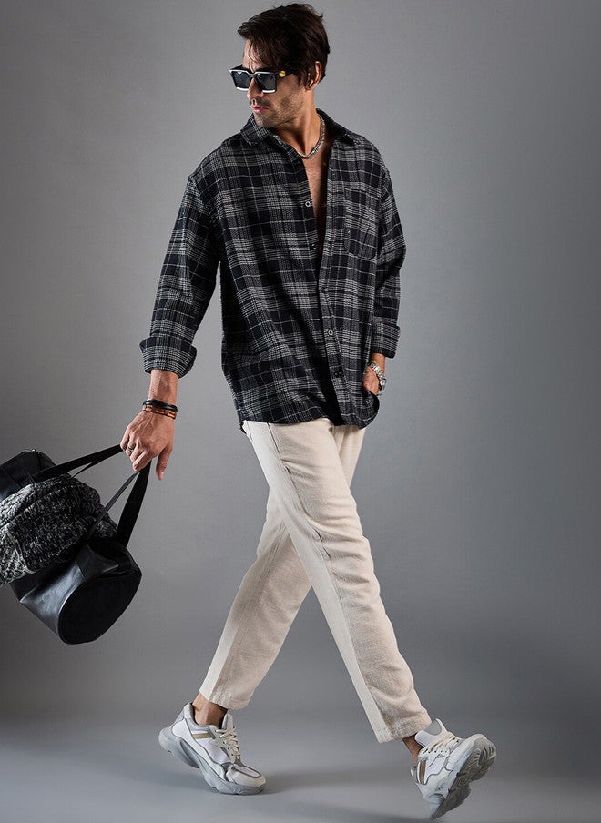 CHIMPAAANZEE Oversized Tartan Checked Spread Collar Casual Shirt - Image 5